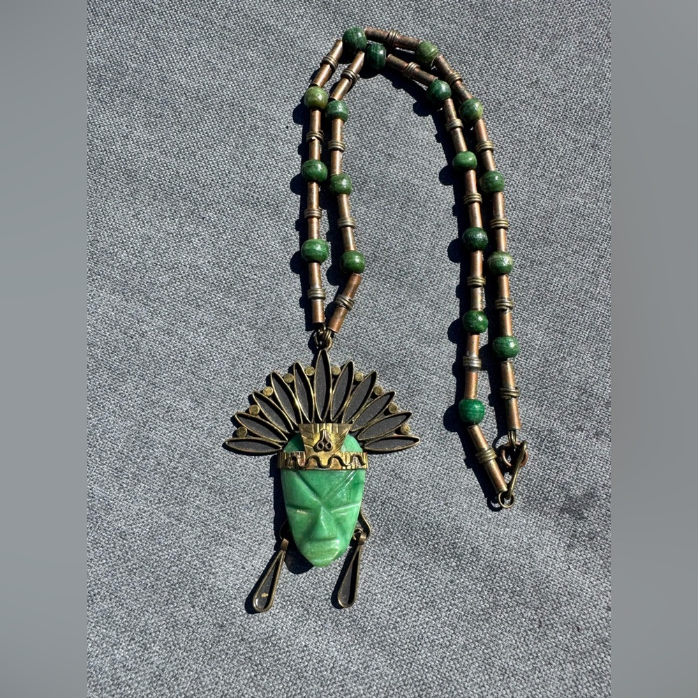 Rare Vintage Mexican Brass Carved Green Stone Figural Face Indian Bead Necklace